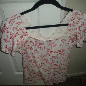 Ann Taylor Petite M Flutter off the shoulder pink and white top